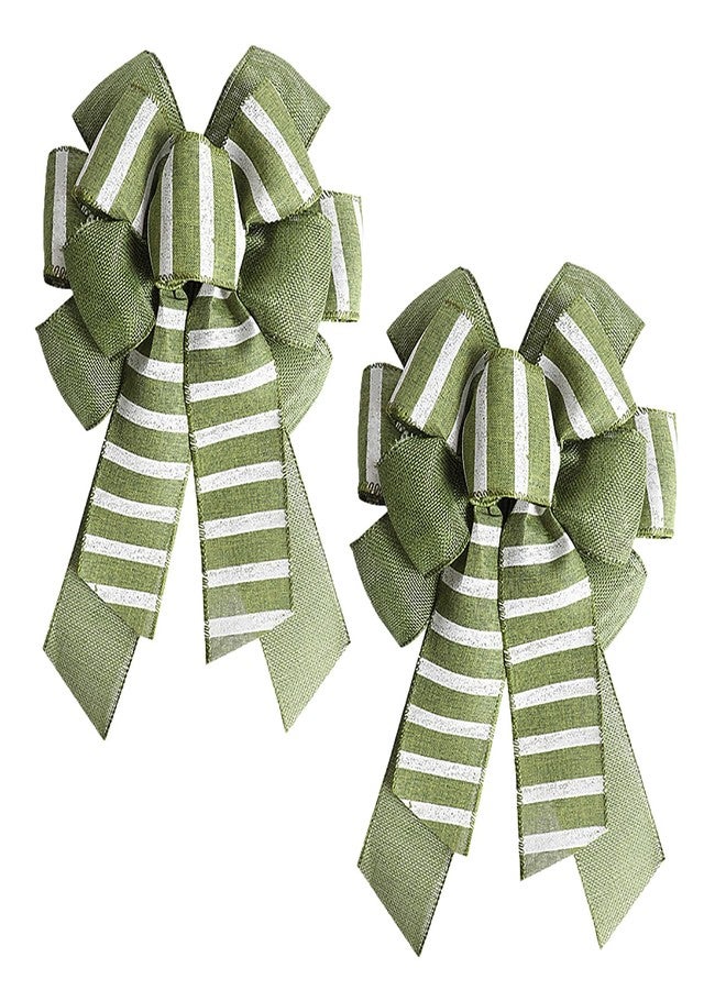 Lamantery Green Rustic Jute Bows Stripe Burlap Wreaths Bows Christmas Tree Topper for Wedding Holiday Birthday Party Decoration 2 Pack - Image 1